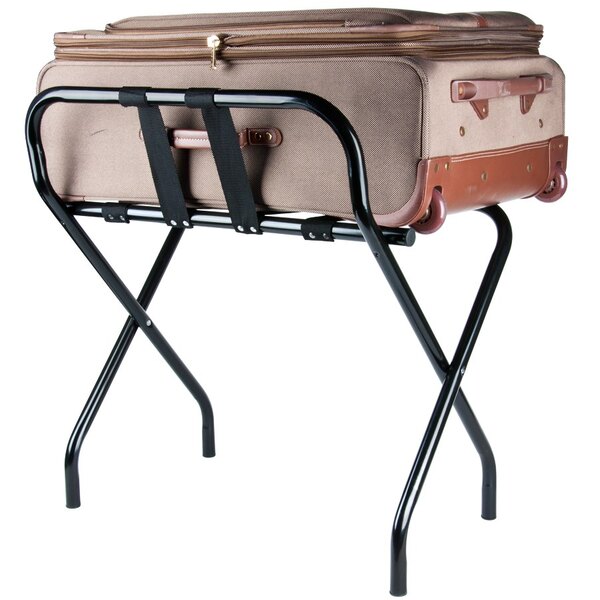 A black CSL high back luggage rack holding a suitcase.
