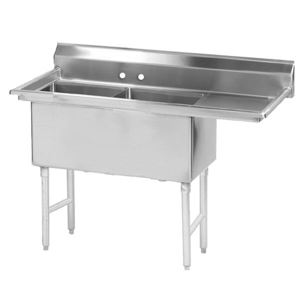 An Advance Tabco stainless steel 2-bowl sink with a right drainboard.