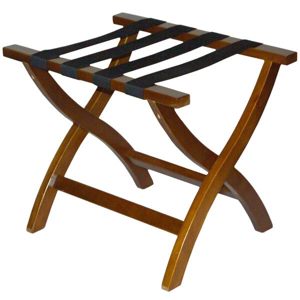 A CSL Premier walnut wood luggage rack with black straps.