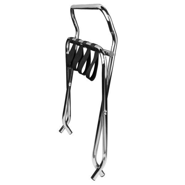A chrome metal high back luggage rack with black straps.