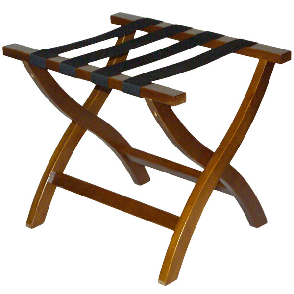 A CSL Premier Series Walnut Wood Luggage Rack with black straps.