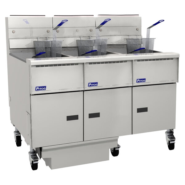 A large white Pitco commercial floor fryer system with two baskets.