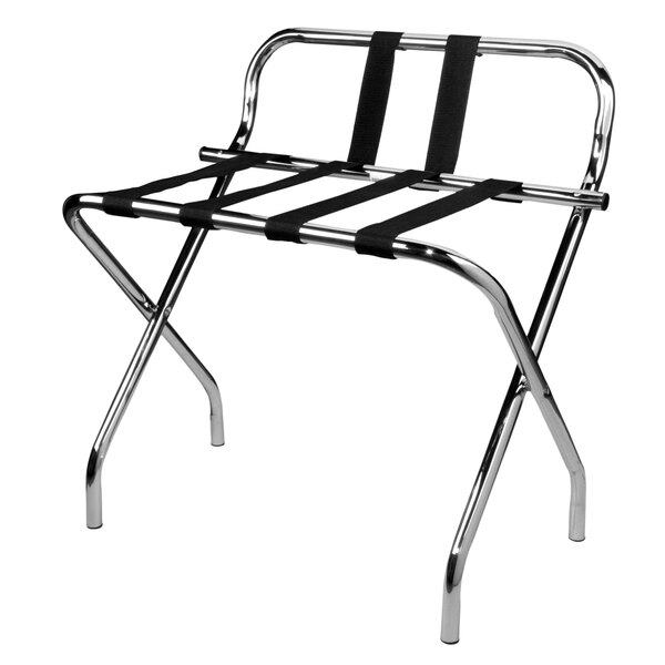 A chrome metal CSL luggage rack with black straps.