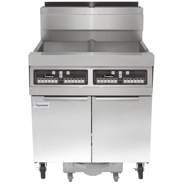 A Frymaster liquid propane floor fryer system with two units.