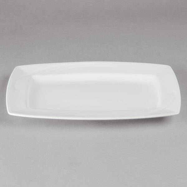 A white rectangular Libbey porcelain plate.