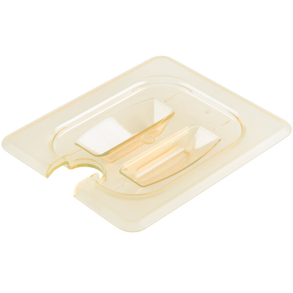 A Cambro amber plastic lid with a handle and a spoon notch.