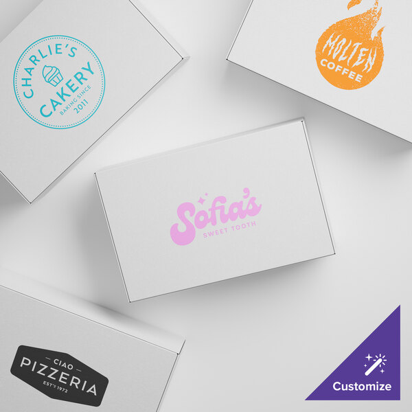 A white customizable candy box with a blue logo.