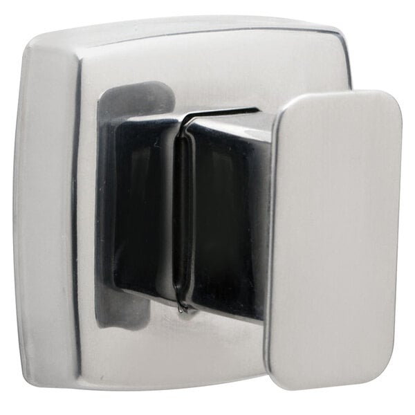 A close-up of a metal Bobrick robe hook with a satin finish.