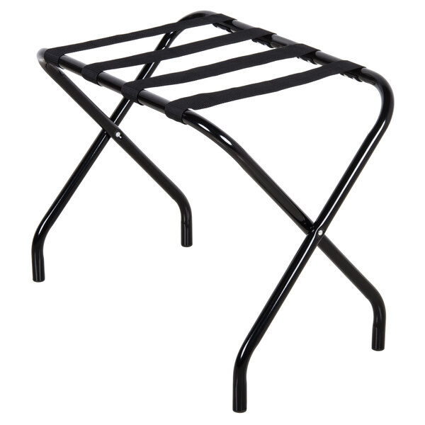 A CSL black metal luggage rack with straps.