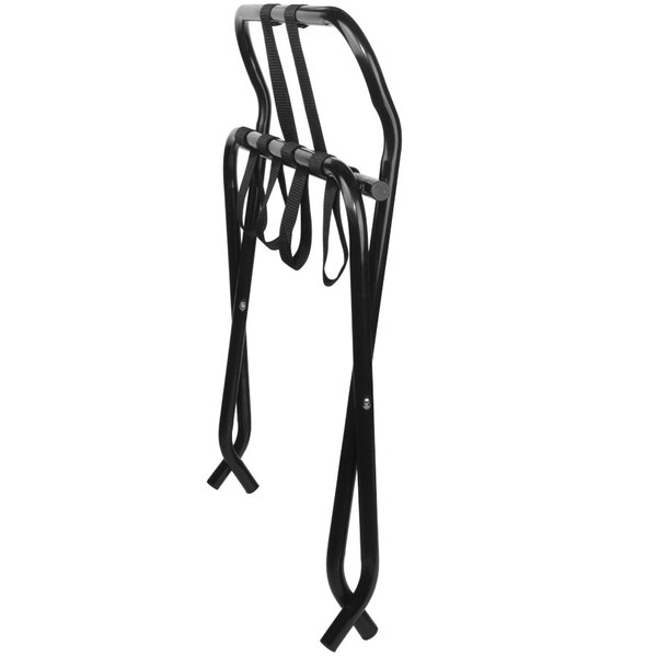 A black metal high back luggage rack with black webbing straps.