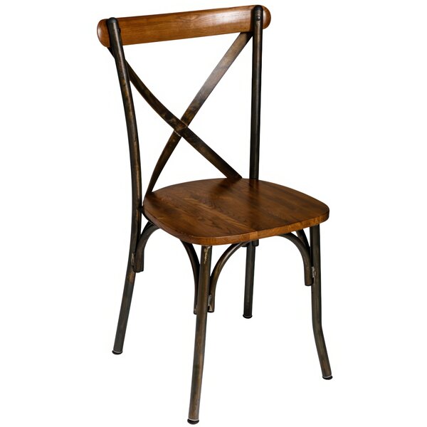 A BFM Seating Henry side chair with a wooden seat and back and metal frame.