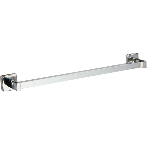 A satin finish square Bobrick towel bar.