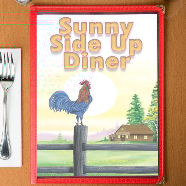 Menu with a rooster design cover on a table.