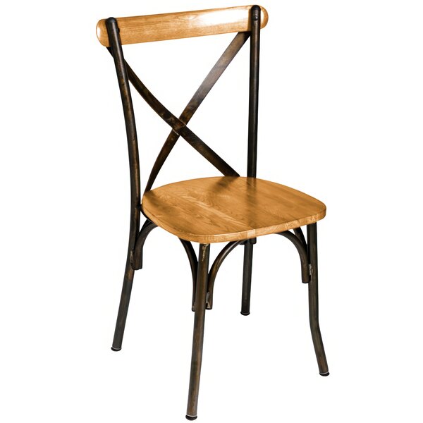 A BFM Seating Henry side chair with a natural wood seat and back and metal frame.