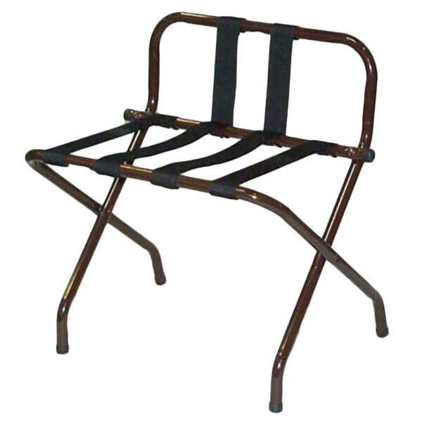 A CSL walnut metal high back luggage rack with back webbing.