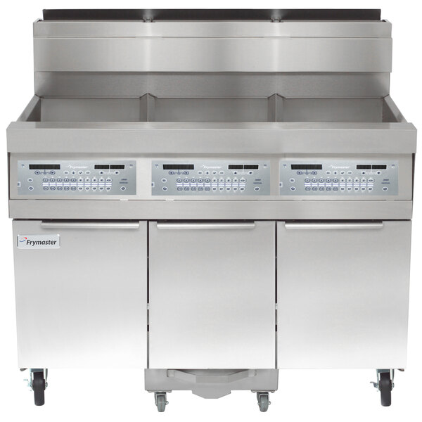 A large stainless steel Frymaster gas fryer system with three drawers.