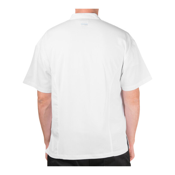 A person is wearing a plain white short-sleeve jacket viewed from the back.