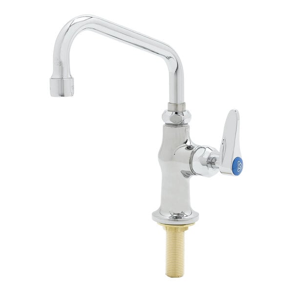 A silver T&S deck-mounted pantry faucet with a blue handle.