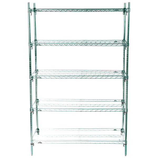 A Metroseal 3 wire shelving unit with four shelves.