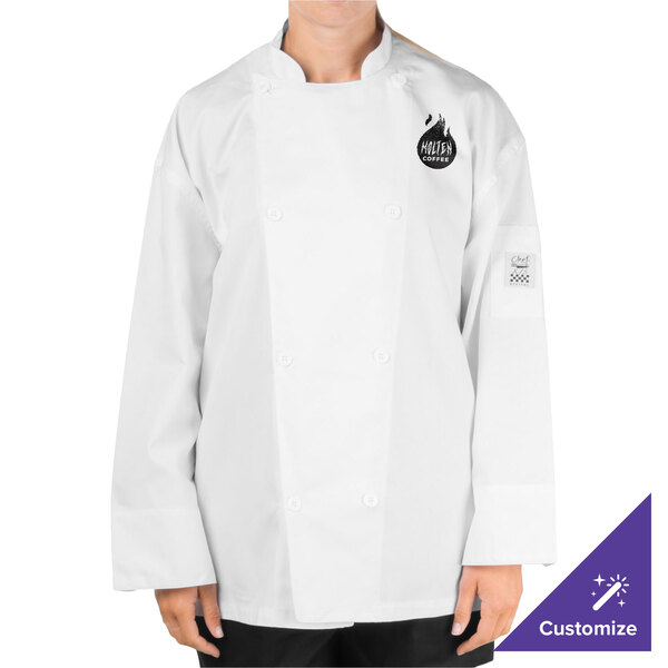 A person wearing a white Chef Revival long sleeve chef jacket with a black logo.