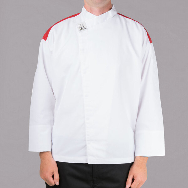 Chef Revival Gold J027rd White Unisex Customizable Metro Long Sleeve Chef Jacket With Red Yoke 2x