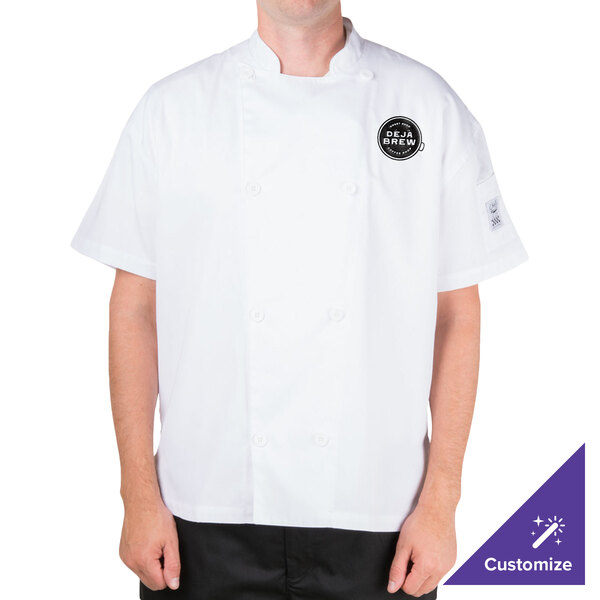 A man wearing a white Chef Revival short sleeve chef jacket with mesh back.