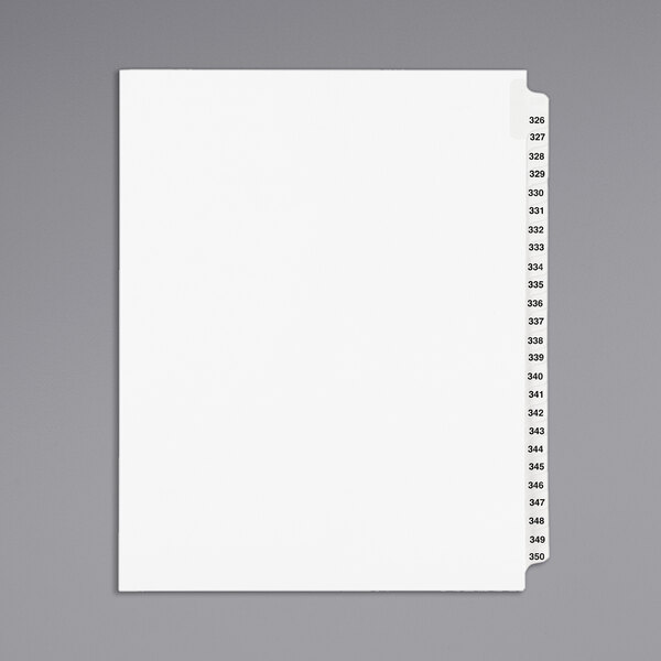 A white paper with black numbers and Avery Standard Collated Tab Dividers.