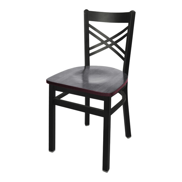 A black steel BFM Seating side chair with mahogany wooden seat and cross steel back.