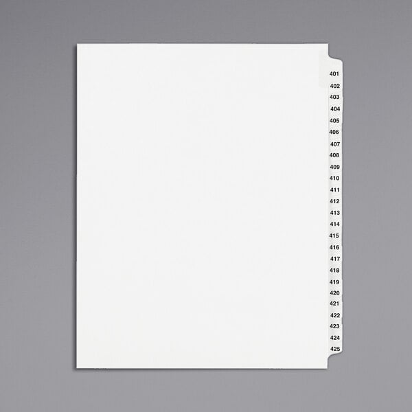 A white file of Avery Standard Collated Legal Exhibit Dividers with black numbers on it.