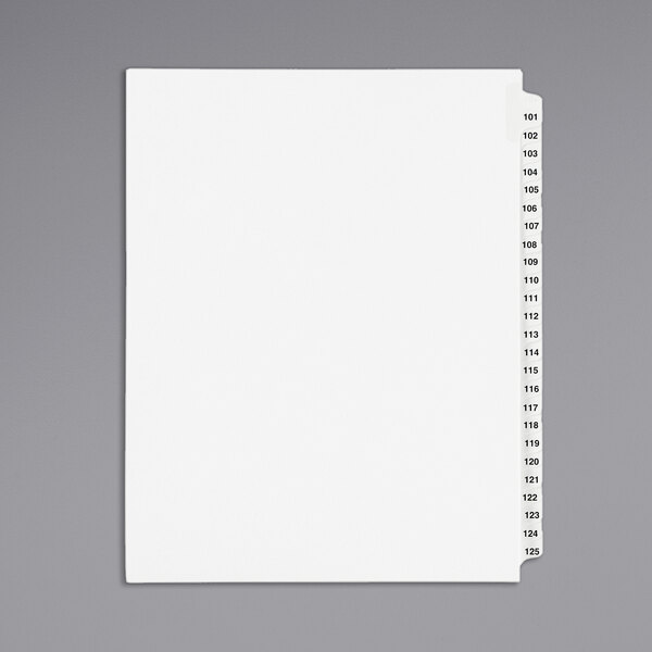 A white paper with black numbers and 101-125 tab dividers.