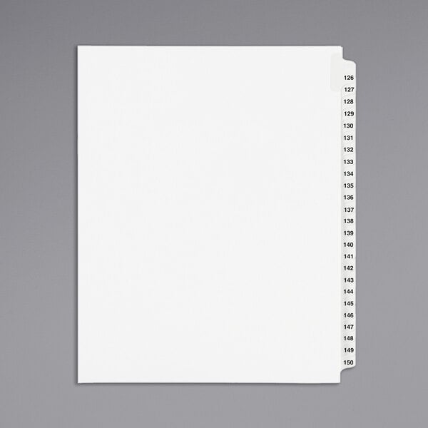 A white file folder with Avery Standard Collated Legal Exhibit Dividers with tabs numbered 126-150.