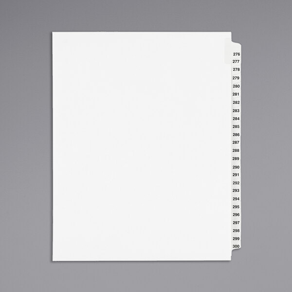 A white paper with black numbers and a white Avery tab.