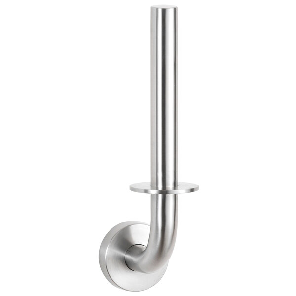 A close-up of a Bobrick stainless steel spare toilet roll holder with a bright polished finish on a wall.