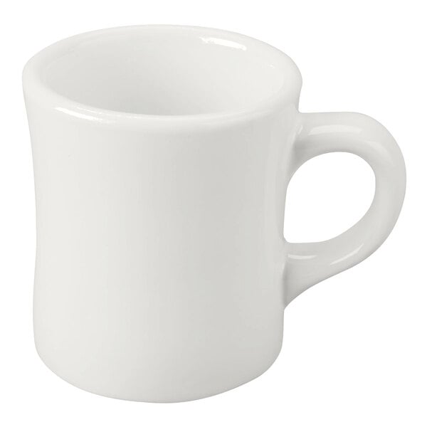 A plain white ceramic diner-style mug with a handle.