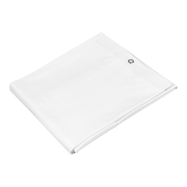 A white folded vinyl shower curtain with a metal ring.