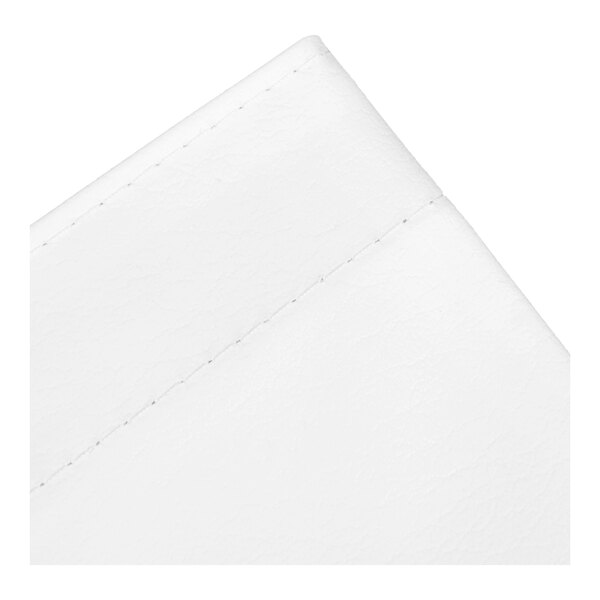 A white vinyl Bobrick shower curtain with a small piece of stitching.