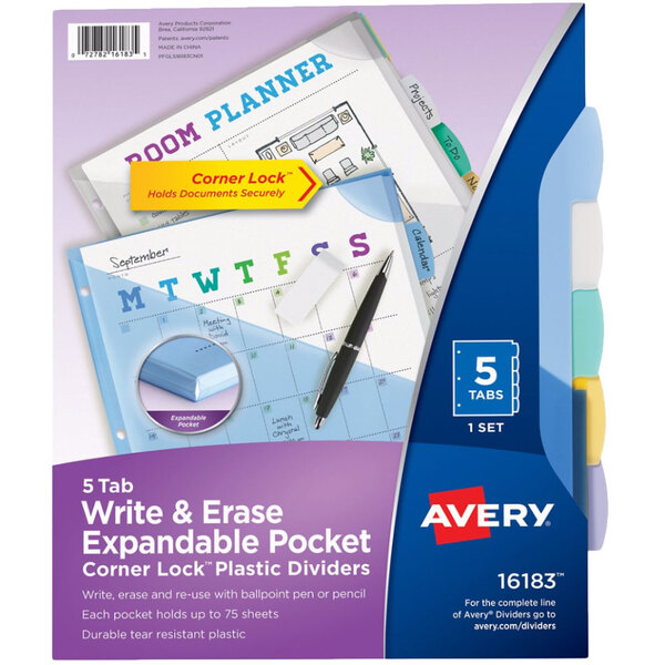 A package of Avery multi-color write-on plastic corner lock dividers with white packaging.