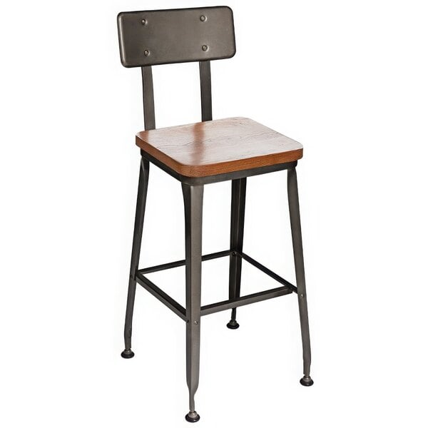 A BFM Seating bar height chair with a steel back and wooden seat.