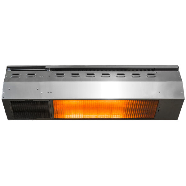 A close up of a Schwank stainless steel patio heater with an orange light.