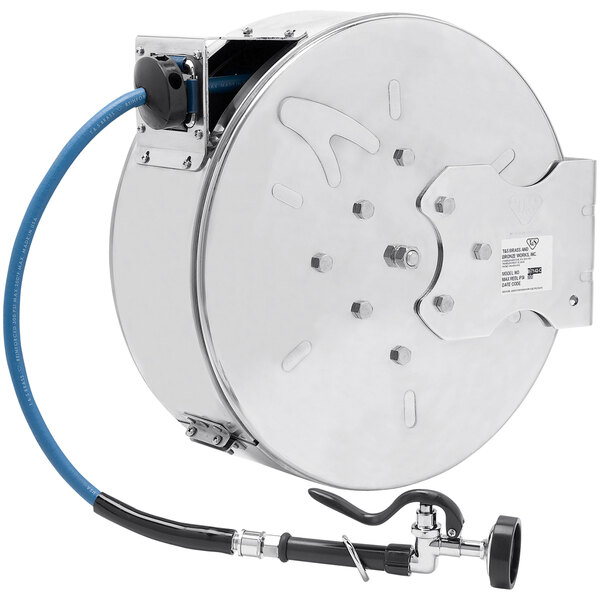 A silver and blue T&S hose reel with a hose attached.