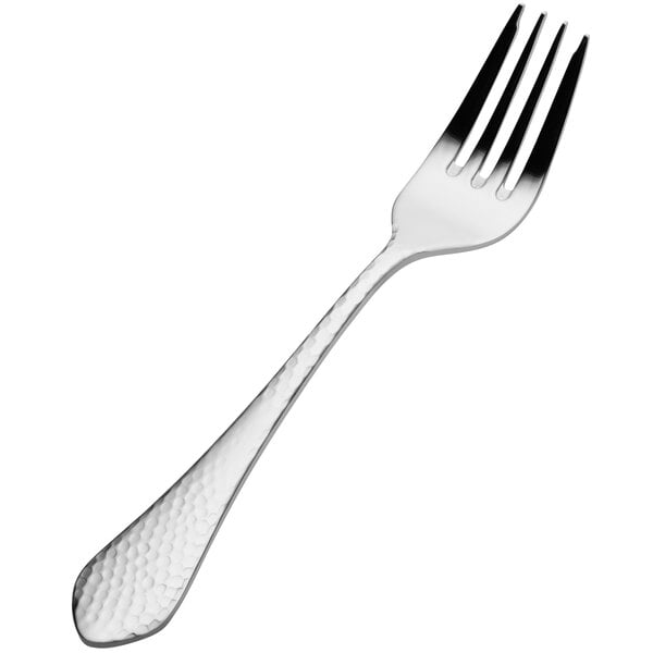 A close-up of a Bon Chef stainless steel fork with a textured handle.