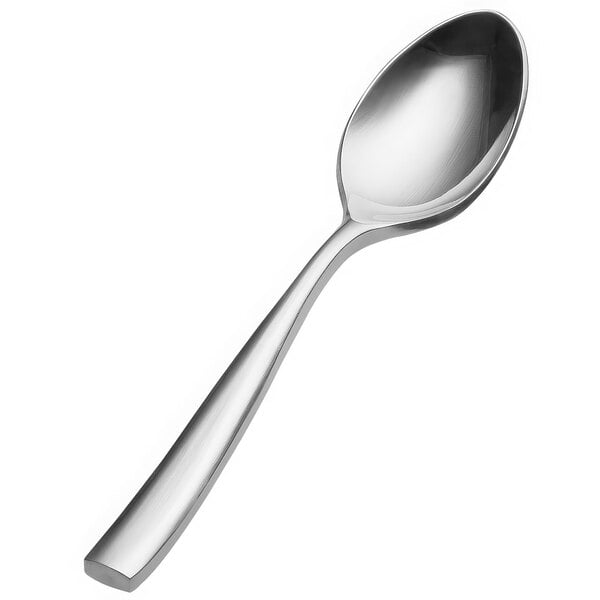 A close-up of a Bon Chef Manhattan stainless steel demitasse spoon with a long handle and a silver finish.