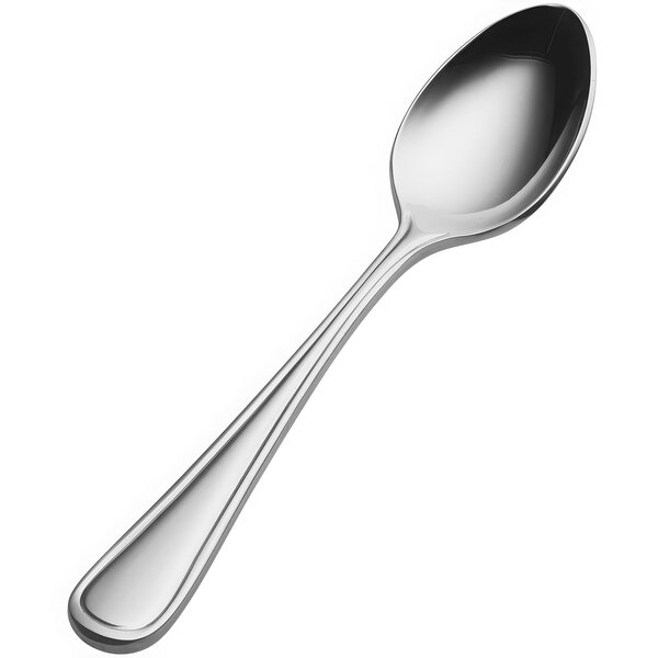 A Bon Chef stainless steel demitasse spoon with a silver handle.