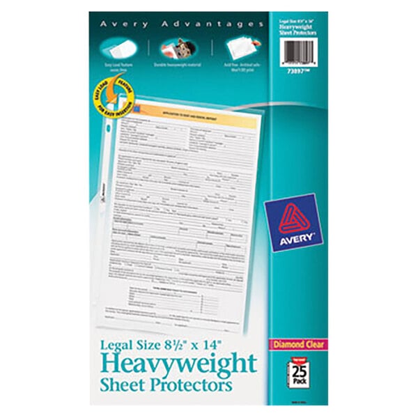 A box of Avery Diamond Clear heavy weight legal size sheet protectors.