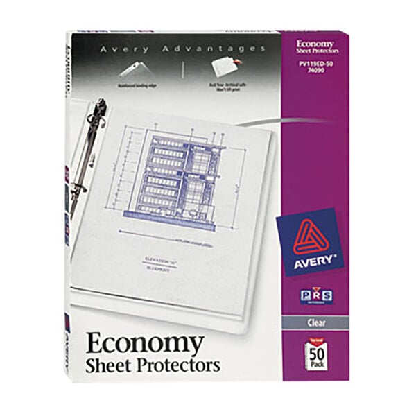 A white and purple box of Avery economy sheet protectors with a blueprint on it.