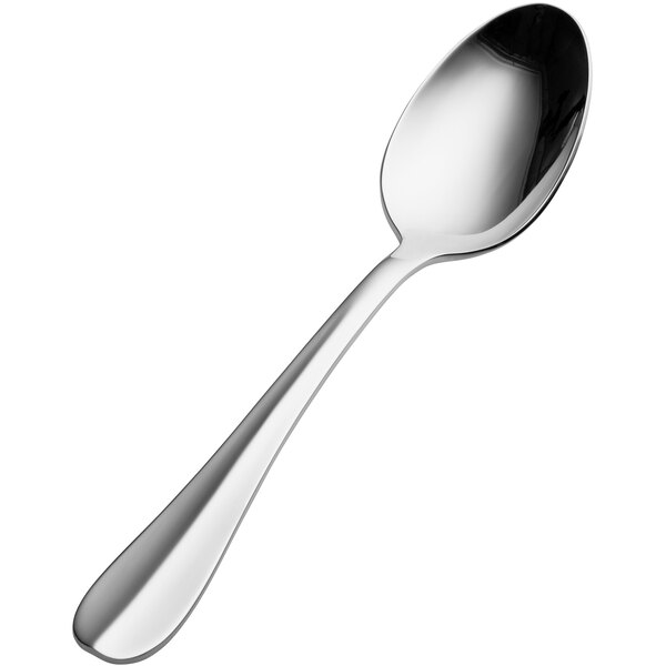 A close-up of a Bon Chef stainless steel serving spoon with a black handle.