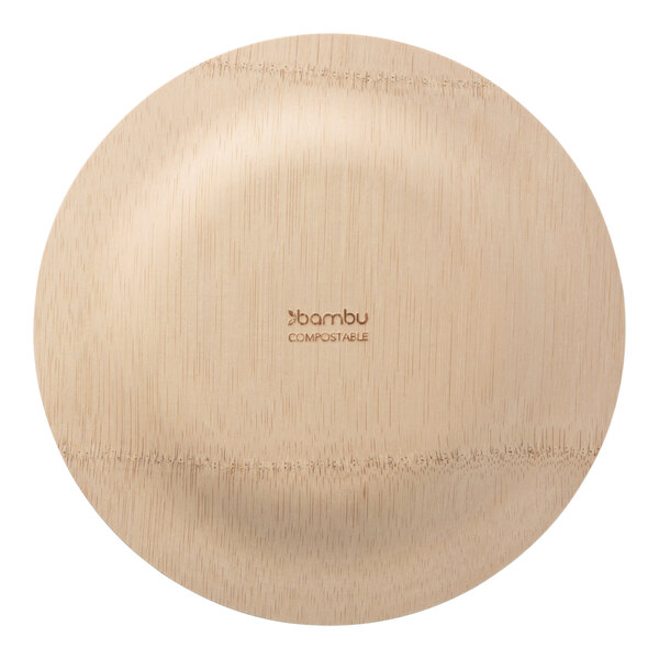 A Bambu Veneerware 7" bamboo plate with the word "bamboo" on it.