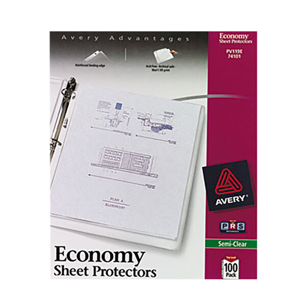 A box of Avery economy sheet protectors with a red and white label.