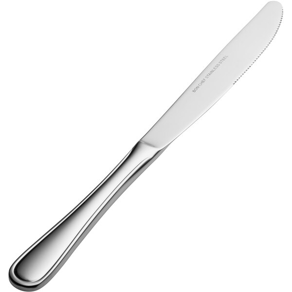 A Bon Chef stainless steel dinner knife with a solid handle.