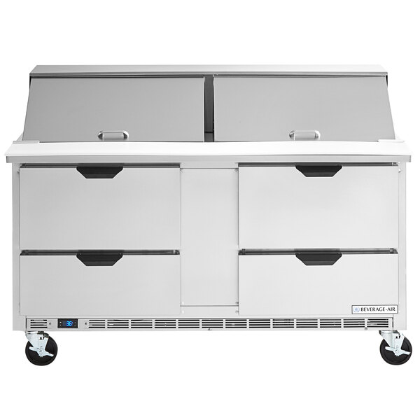 A white Beverage-Air refrigerator with 4 drawers on wheels.